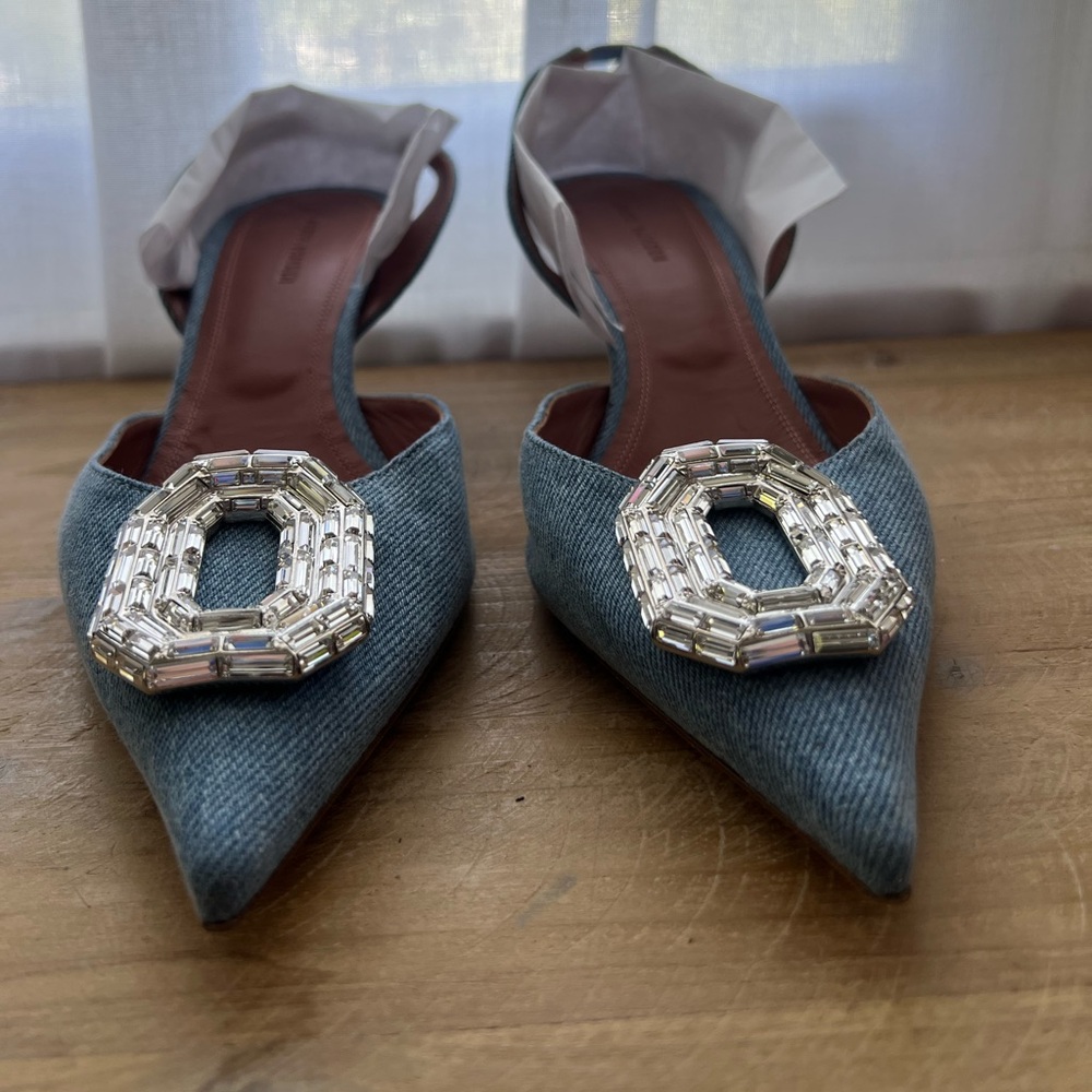 Amina Muaddi 60mm Camelia Slingback Pointed Toe Pumps Denim Size 40 New - Picture 4 of 13